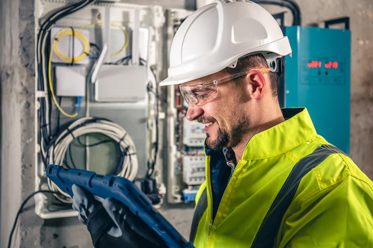Man electrical technician working on a switchboard with fuses while using a tablet for diagnostics.