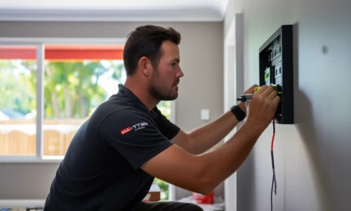 Professional electrician performing electrical work at property