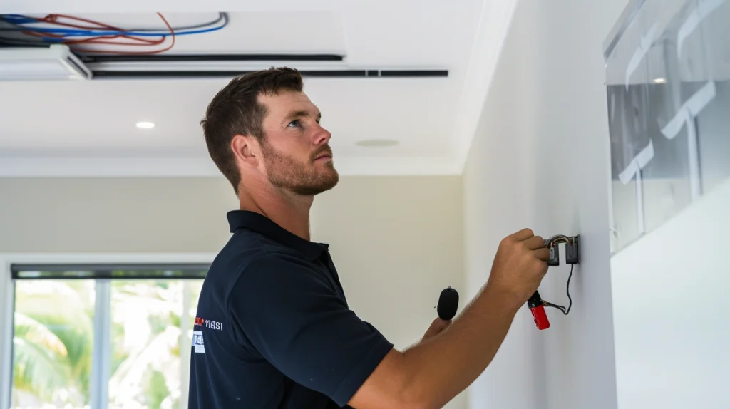 Electrician inspecting a power outlet in a Gold Coast home