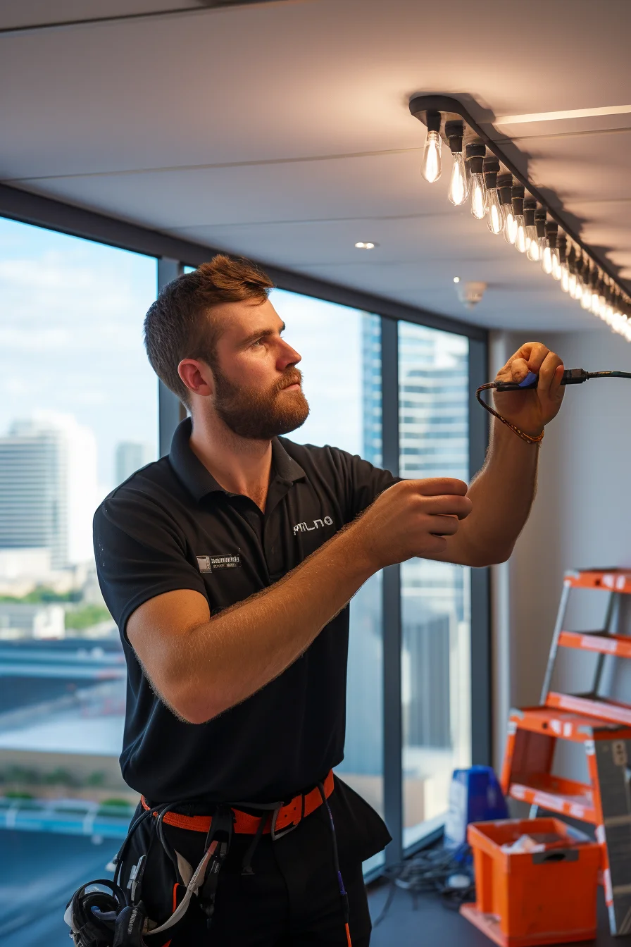 Photo of an Australian electrician installing electrical components while wearing professional work attire.