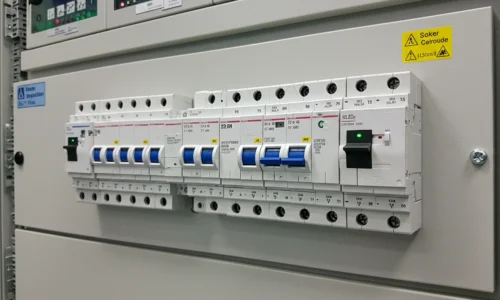 Close-up of a modern safety switchboard with multiple circuit breakers.