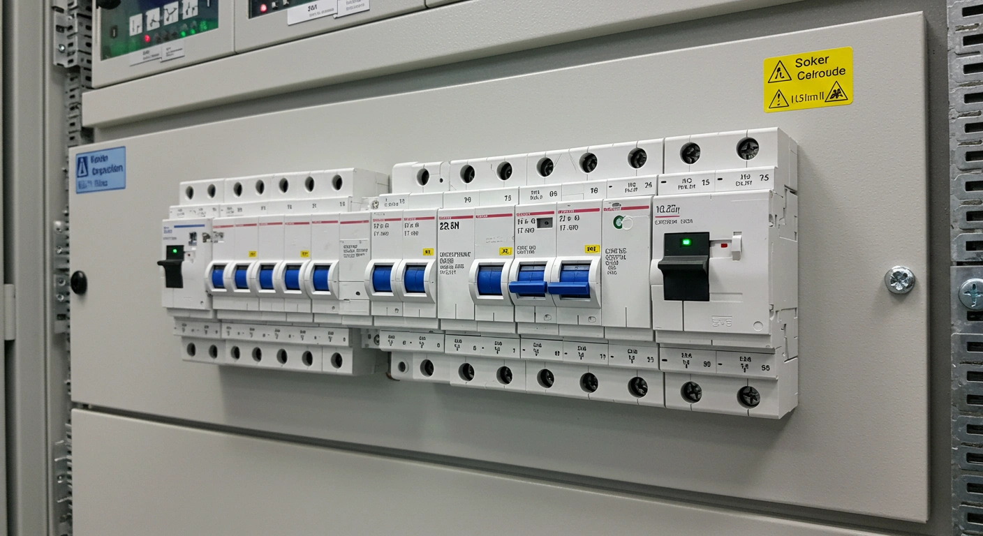 Close-up of a modern safety switchboard with multiple circuit breakers.