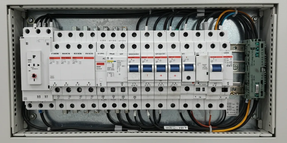 Open electrical safety switch box with labeled circuits and black wires.
