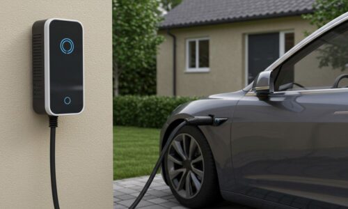 Wall-mounted EV charger on a brick wall in a business parking area