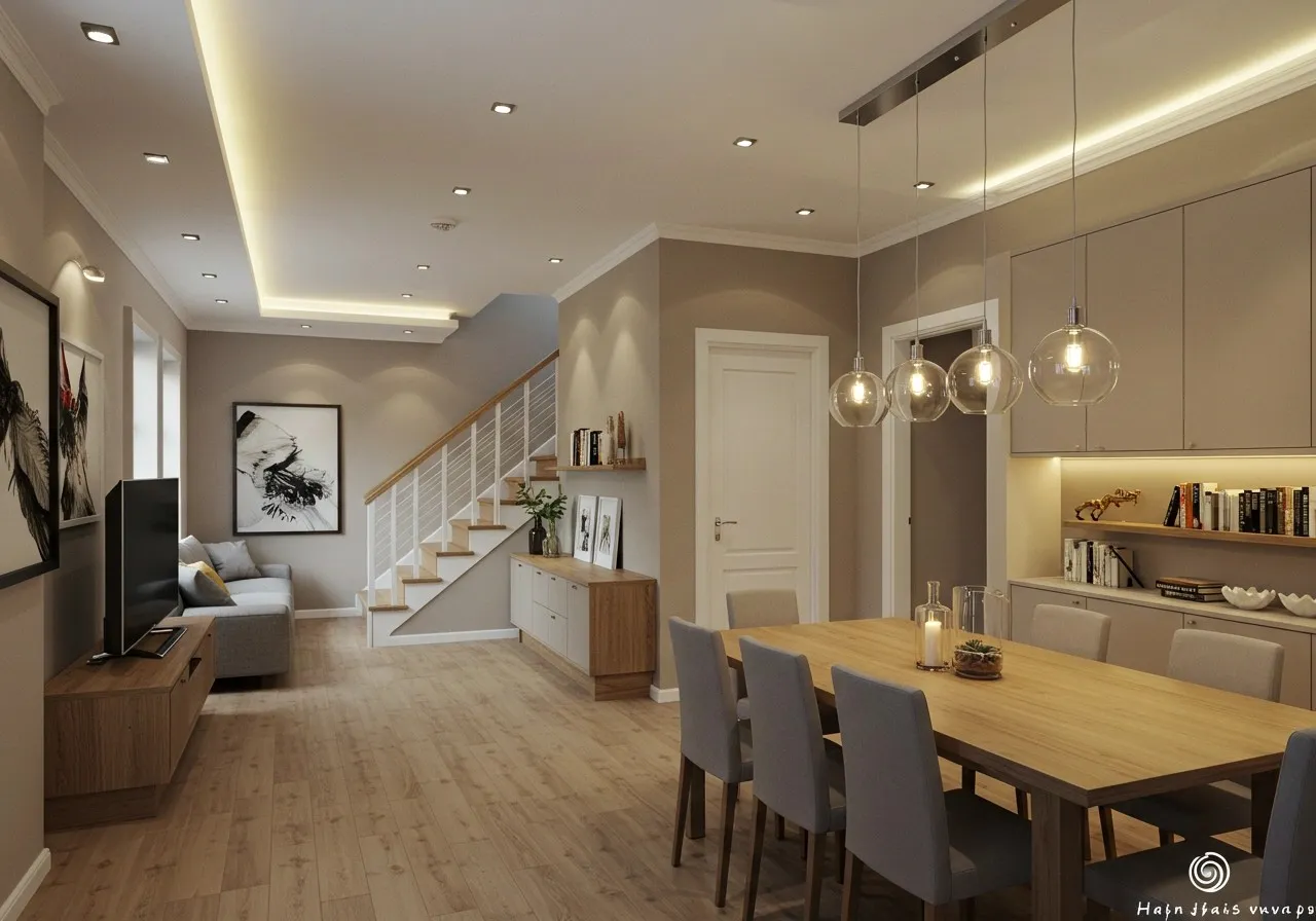 Modern open-plan kitchen and dining area with ambient lighting