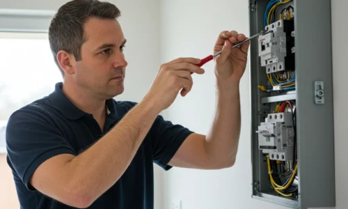 Electrician using a screwdriver on a residential switchboard
