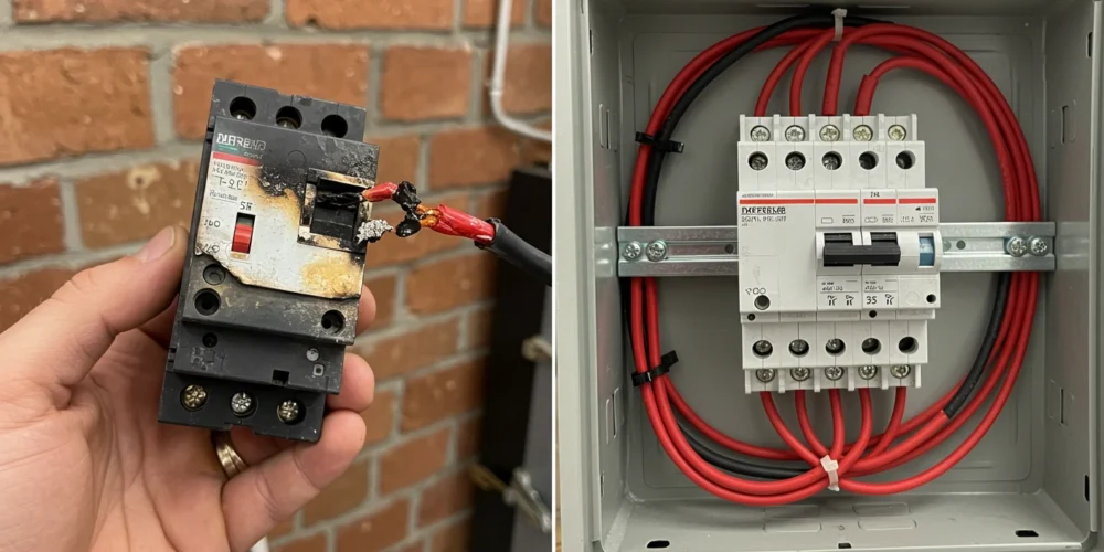 Burnt circuit breaker held in hand next to a new circuit breaker box.
