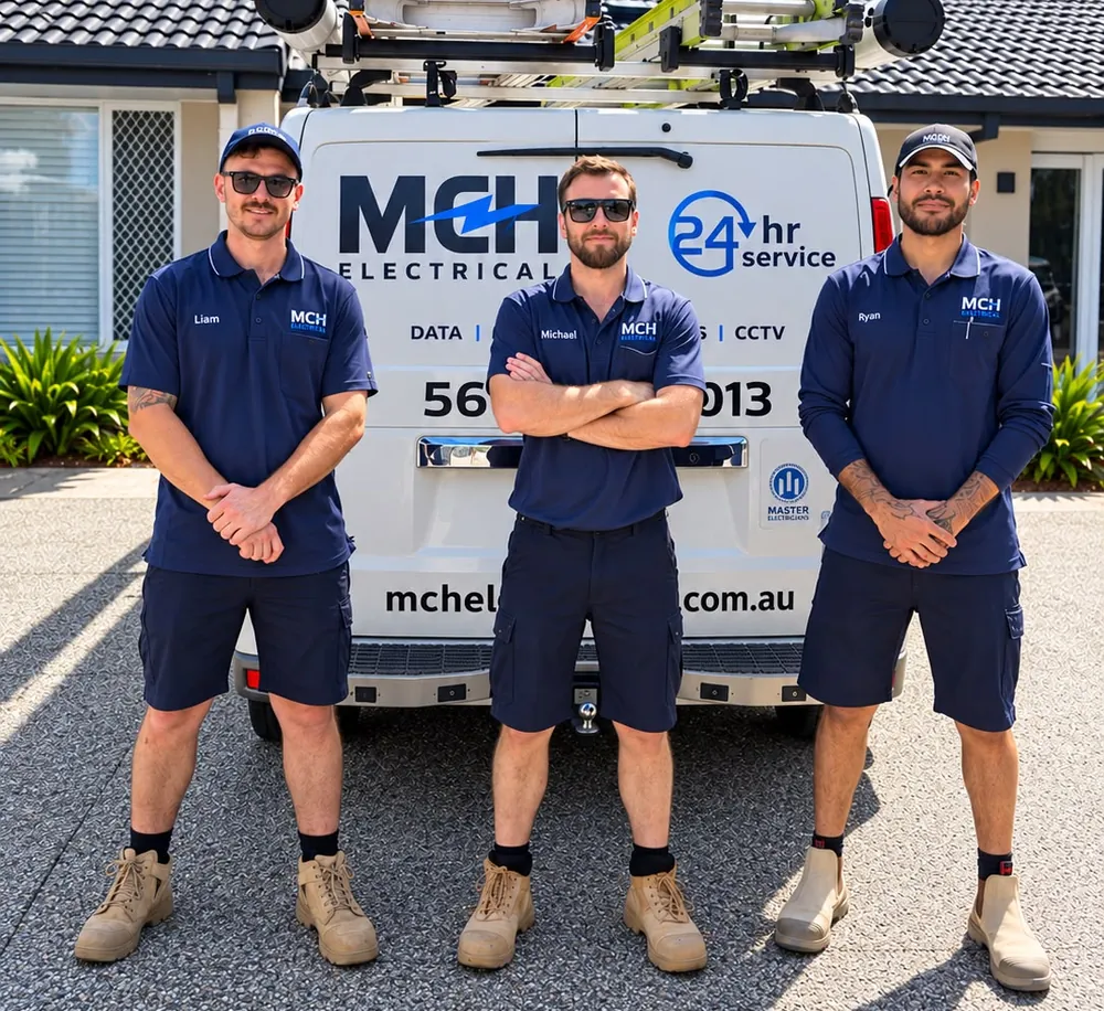 MCH Electrical Gold Coast electricians Liam, Michael Hill and Ryan with the MCH Electrical van